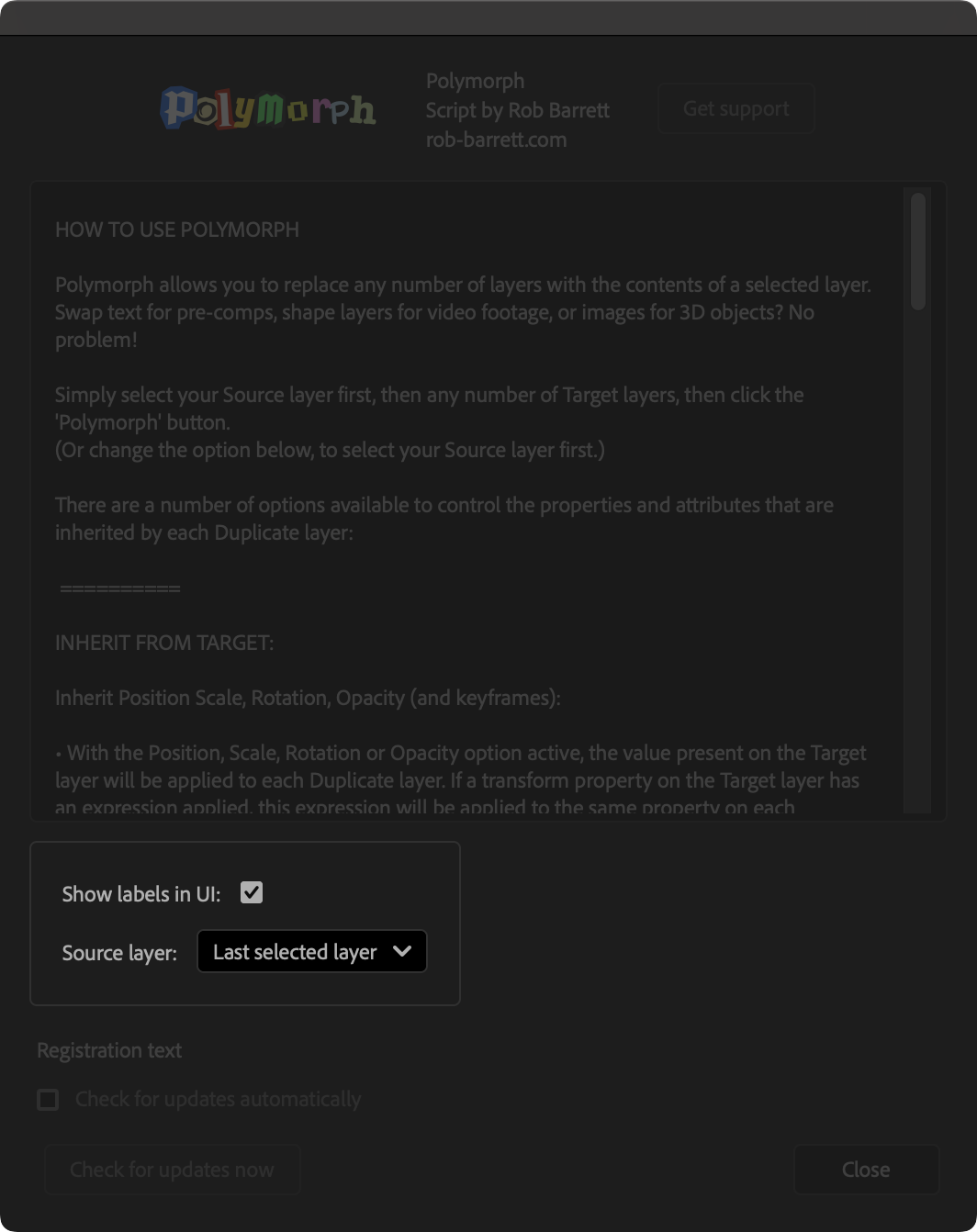 Polymorph info panel with 'Settings' highlighted