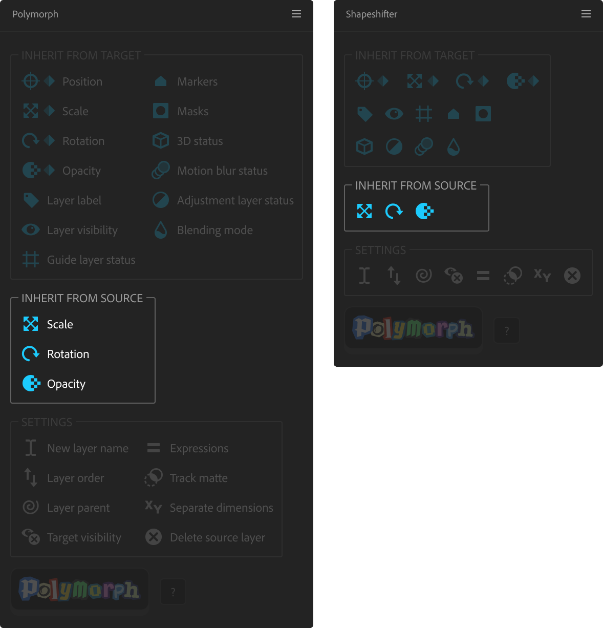 Polymorph panel with 'Inherit from Source' highlighted