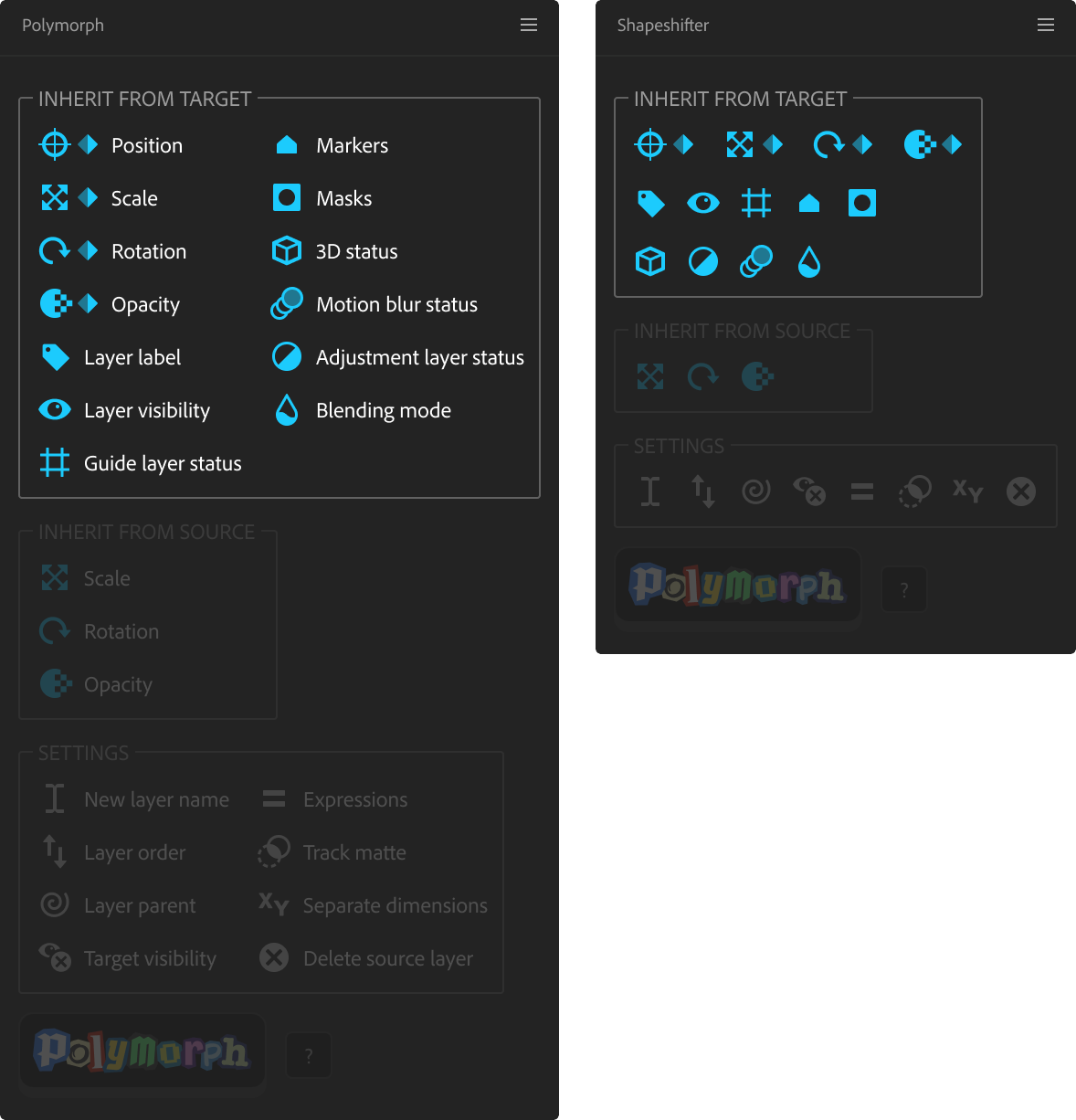 Polymorph panel with 'Inherit from Target' highlighted