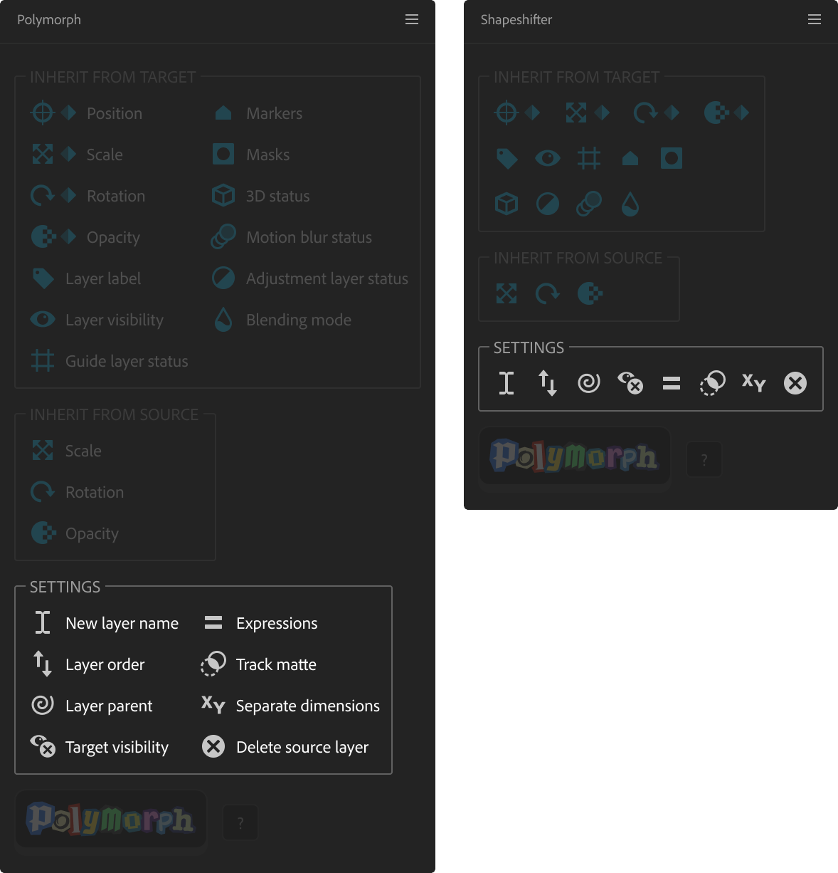 Polymorph panel with 'Settings' highlighted